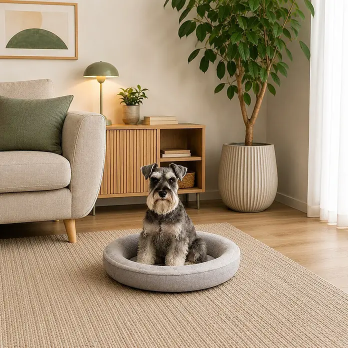 belviona Hundebett rund 55 cm, abnehmbarer Bezug waschbar, grau -  - Ein graues, rundes Hundebett mit einem Hund darin, auf einem Teppich in einem gemütlichen Wohnzimmer.