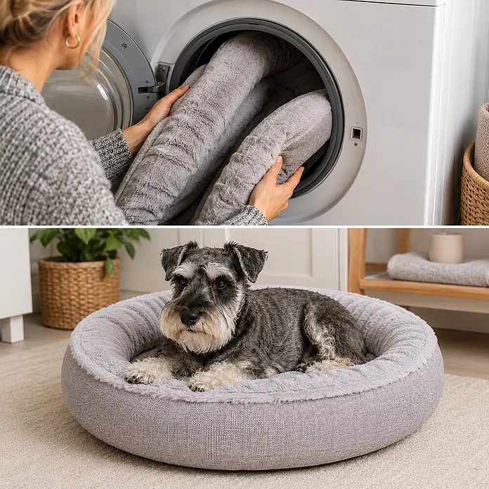 belviona Hundebett rund 55 cm, abnehmbarer Bezug waschbar, grau -  - Waschbares, graues Plüsch-Hundebett, von einer Person in die Waschmaschine gelegt und von einem Schnauzer genutzt.