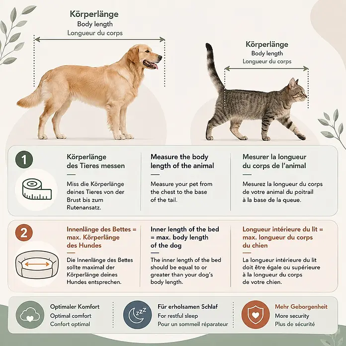 belviona Katzenbett 55 cm, abnehmbarer Bezug, waschbar & rutschfest, grau -  - Anleitung zur Messung der Körperlänge von Haustieren zur Auswahl der passenden Bettgröße, illustriert mit Hund und Katze.
