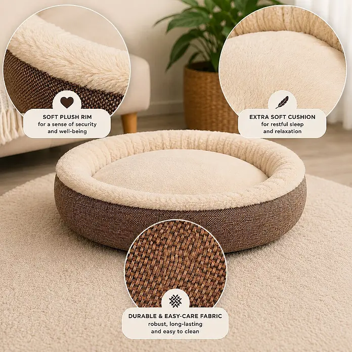 belviona Katzenbett 55 cm, abnehmbarer Bezug, waschbar & rutschfest, braun -  - Weiches rundes Haustierbett mit Plüschrand und -kissen in Creme und strapazierfähigem braunem Webstoff.