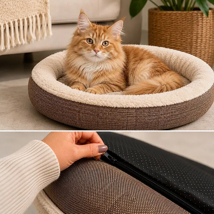 belviona Katzenbett 55 cm, abnehmbarer Bezug, waschbar & rutschfest, braun -  - Eine flauschige Ingwerkatze ruht in einem runden braun-cremefarbenen Haustierbett mit abnehmbarem Reißverschlussbezug.