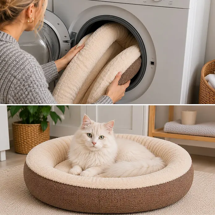 belviona Katzenbett 55 cm, abnehmbarer Bezug, waschbar & rutschfest, braun -  - Eine Person wäscht ein beiges, strukturiertes Haustierbett mit braunem Boden, und eine weiße Katze ruht darin.
