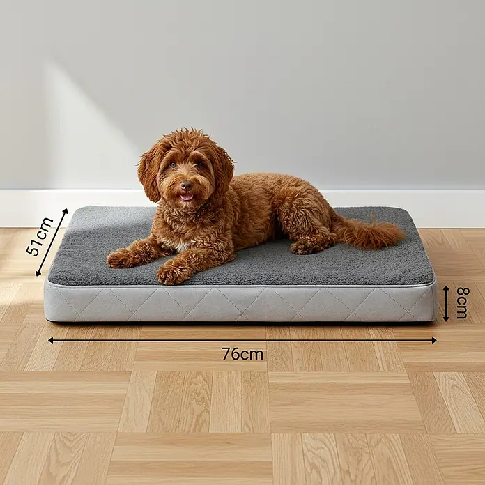 belviona Hundebett 76x51 cm, orthopädisch, Bezug waschbar, anthrazit -  - Graues, rechteckiges Hundebett mit weicher Oberseite, gesteppten Seiten und einem braunen Hund darauf. Misst 76x51x8 cm.