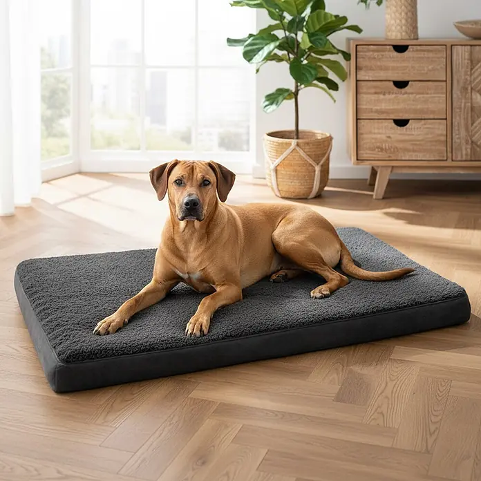 belviona Hundebett 112x81 cm, orthopädisch, Bezug waschbar, schwarz -  - Ein brauner Hund ruht auf einem rechteckigen, dunkelgrauen, flauschigen Hundebett auf einem Holzboden.