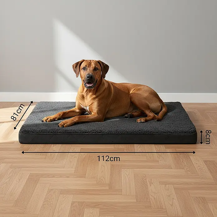 belviona Hundebett 112x81 cm, orthopädisch, Bezug waschbar, schwarz -  - Ein großer Hund liegt bequem auf einem grauen, flauschigen Hundebett mit gestepptem schwarzem Boden, Maße: 112x81x8cm.