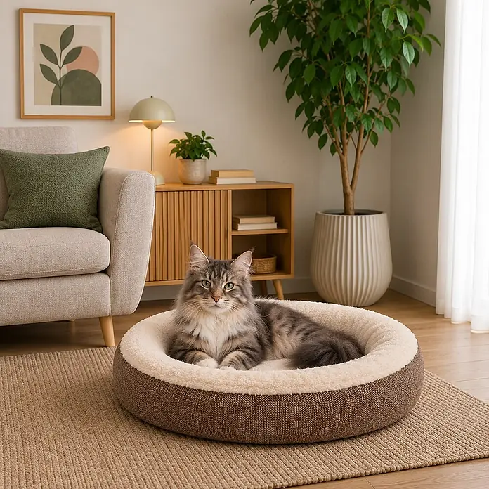 belviona Katzenbett 65 cm, abnehmbarer Bezug, waschbar & rutschfest, braun -  - Eine flauschige Katze liegt in einem runden, braun-cremefarbenen Katzenbett auf einem Teppich.
