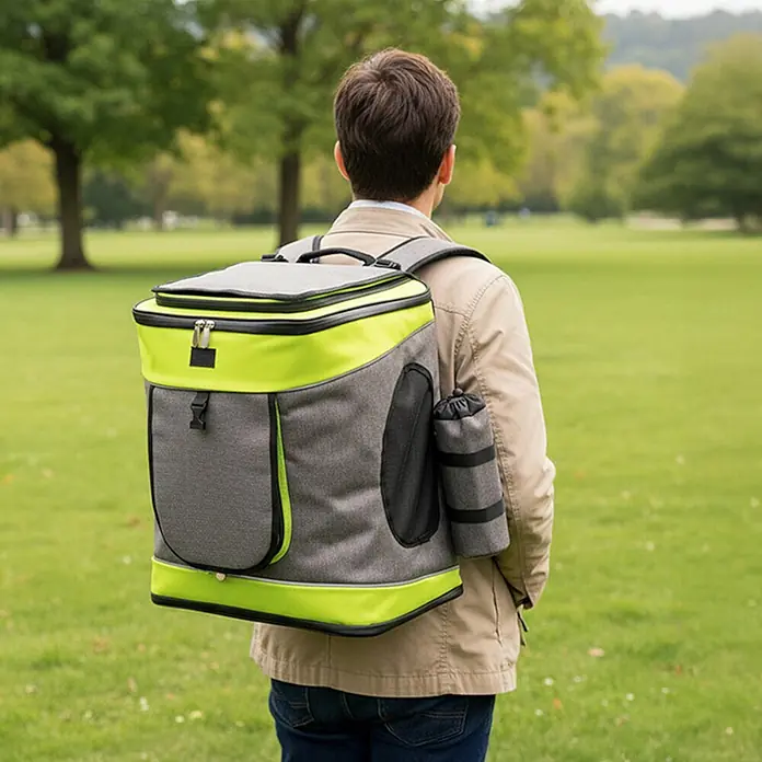 belviona Rucksack für Hunde & Katzen mit Belüftung & Regenschutz, grün -  - Person trägt draußen einen grau-limettengrünen Haustierrucksack mit Seitenfenster und Flaschenhalter.