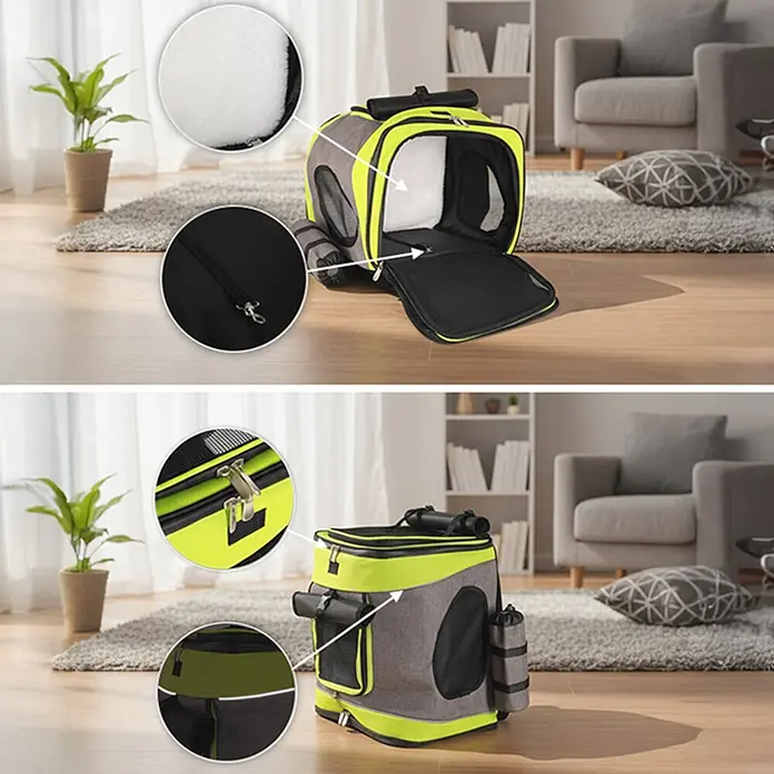belviona Rucksack für Hunde & Katzen mit Belüftung & Regenschutz, grün -  - Grauer und neongelber Haustier-Transporter mit Mesh-Fenstern, weichem Innenraum, Sicherheitsleine und Reflektorstreifen, in einem Wohnzimmer.