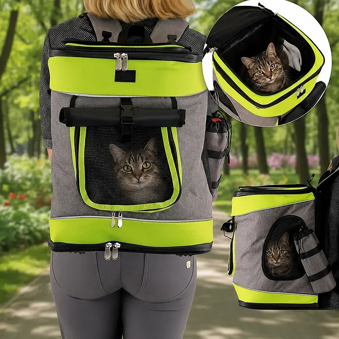 belviona Katzenrucksack mit Belüftung & Regenschutz,grün -  - Grauer und limettengrüner Haustierträger-Rucksack mit Netzfenster, von einer Person getragen, zeigt eine getigerte Katze darin.