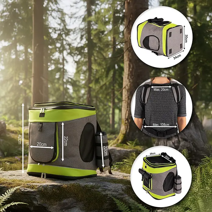 belviona Rucksack für Hunde & Katzen mit Belüftung & Regenschutz, grün -  - Grau-grüner Haustierträger-Rucksack mit Meshfenstern und verstellbaren Gurten, mit Maßen im Wald.