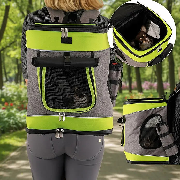 belviona Rucksack für Hunde & Katzen mit Belüftung & Regenschutz, grün -  - Grauer, lindgrüner Haustier-Rucksack, von Person getragen. Ein Hund ist durch das Netzfenster und in einer Detailansicht oben sichtbar.