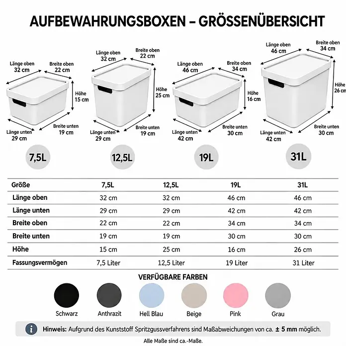 2er-Set 7,5 Liter in Blau mit Deckel – Stapelboxen, Lagerboxen -  - Übersicht von vier weißen Aufbewahrungsboxen aus Kunststoff mit Deckeln in verschiedenen Größen und Maßen. Erhältlich in mehreren Farben.