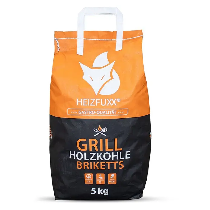 Grillholzkohlebriketts 5kg x 60 Sack 300kg 60er Palette -  - Orange-schwarzer 5kg HEIZFUXX® Sack mit Grill-Holzkohlebriketts, Angaben zu Brenndauer, Aschegehalt und Hartholz.