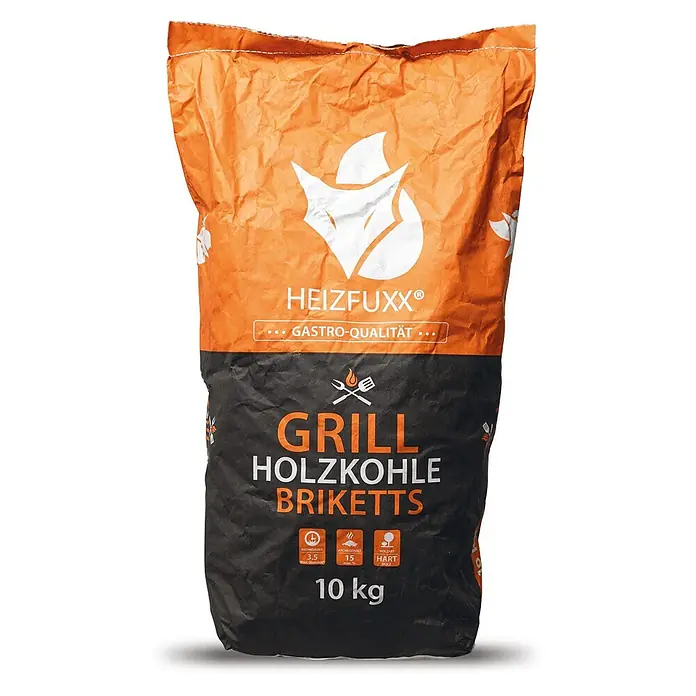 Grillholzkohlebriketts 10kg x 20 Sack 200kg Palette -  - Orange-schwarzer Beutel Heizfuxx Grill Holzkohlebriketts, 10 kg, mit 'Gastro-Qualität'.