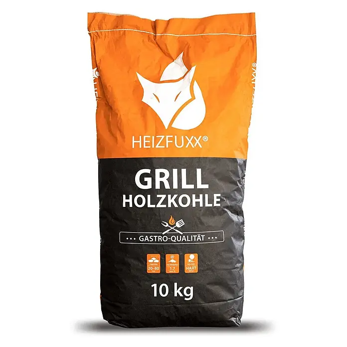 Grillholzkohle in Gastro-Qualität 10kg x 36 Sack 360kg Palette -  - Orange-schwarzer 10kg HEIZFUXX Grill-Holzkohle-Sack in Gastro-Qualität aus Hartholz, mit 20-80mm Fraktion und max. 1,7% Aschegehalt.
