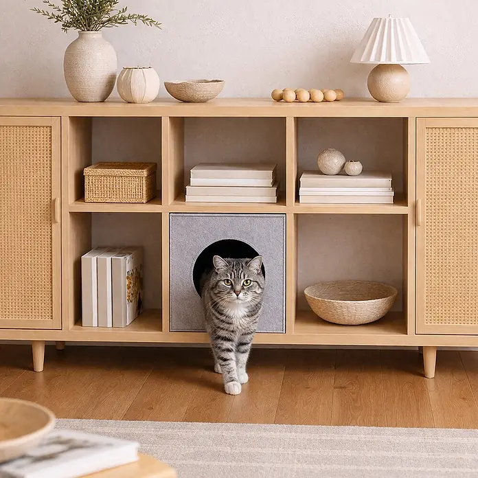 belviona Katzenhöhle aus Filz, faltbar mit Kissen, hellgrau -  - Heller Holzschrank mit Rattantüren und Regalfächern, mit integriertem grauen Filz-Katzenbett, aus dem eine Katze kommt.