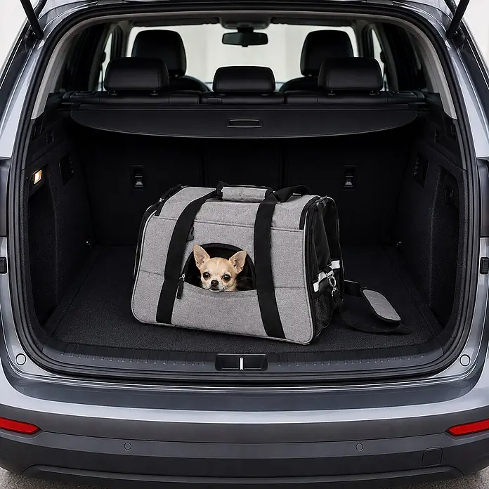 belviona Haustier-Tragetasche für Katzen & kleine Hunde bis 10 kg, grau -  - Graue, weiche Haustiertragetasche mit einem Chihuahua, im Kofferraum eines Autos.