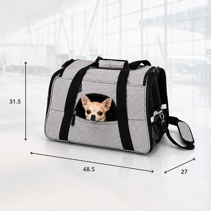 belviona Haustier-Tragetasche für Katzen & kleine Hunde bis 10 kg, grau -  - Graue Haustiertragetasche mit herauslugendem Chihuahua. Maße 31,5, 48,5, 27 sichtbar.