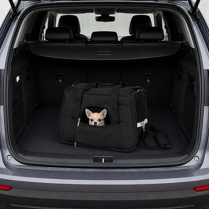 belviona Haustier-Tragetasche für Katzen & kleine Hunde bis 10 kg, schwarz -  - Schwarze Stoff-Hundetragetasche mit einem Chihuahua, der aus dem Kofferraum eines grauen Autos lugt.