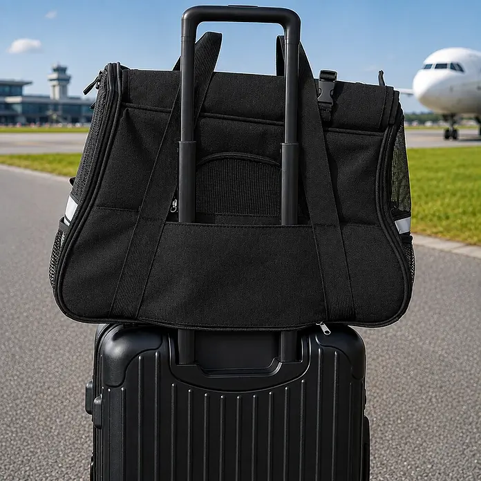 belviona Haustier-Tragetasche für Katzen & kleine Hunde bis 10 kg, schwarz -  - Schwarze Stoff-Haustiertragetasche an einem schwarzen Rollkoffergriff, am Flughafen.