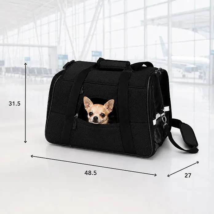 belviona Haustier-Tragetasche für Katzen & kleine Hunde bis 10 kg, schwarz -  - Schwarze Haustiertragetasche mit Chihuahua, Maße (48,5x27x31,5) im Flughafen gezeigt.