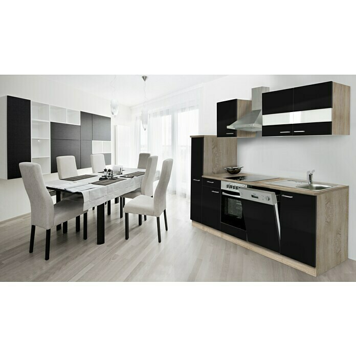 Respekta Composición de cocina (Ancho: 250 cm, Con dispositivos eléctricos, Negro)