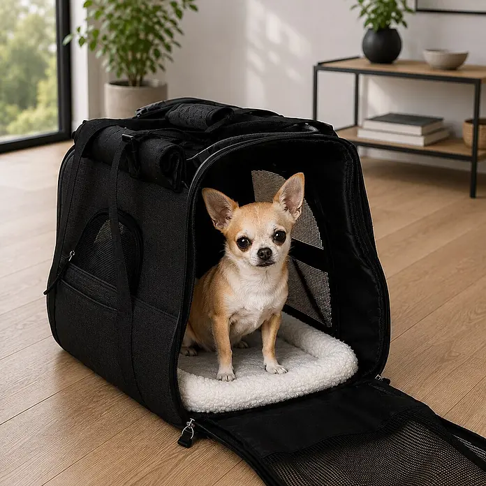 belviona Haustier-Tragetasche für Katzen & kleine Hunde bis 10 kg, schwarz -  - Schwarze, weiche Haustiertragetasche mit Netzfenstern und einem weißen Plüschbett, die einen kleinen Chihuahua bequem beherbergt.