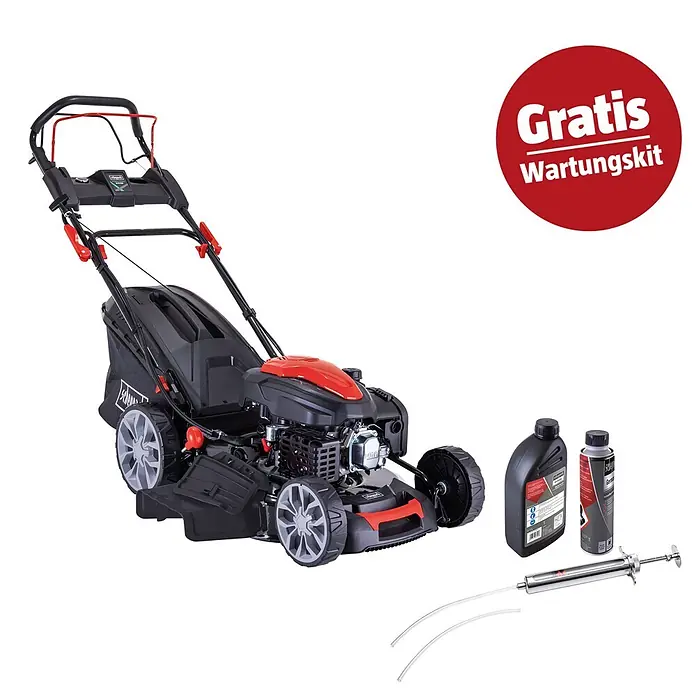 Scheppach Benzin-Rasenmäher Set PML56-225ES - Schnittbreite: 56 cm, 224 cm³, Hybrid-Start: Elektrostart & Seilzugstarter - Schwarzer und roter Benzin-Rasenmäher mit Rädern und kostenlosem Wartungskit inklusive Öl, Kraftstoffstabilisator und Pumpe.