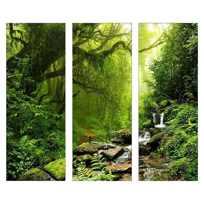 Glasbild - Fairy Tale Forest, B x H: 90 x 80 cm, 3 -tlg. - Dieses Triptychon zeigt ein sattes, grünes Waldstück mit Moos, Farnen und einem kleinen Wasserfall, der eine ruhige und natürliche Atmosphäre schafft.