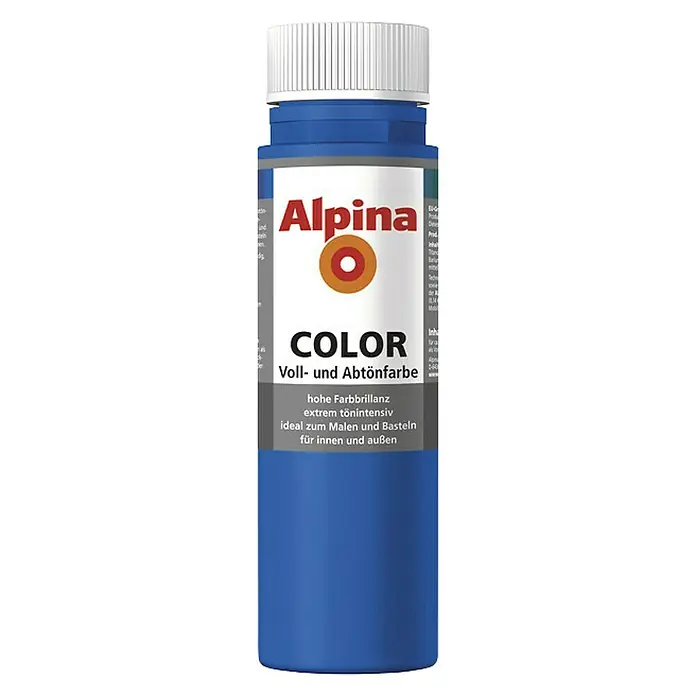 Alpina Vollton- & Abtönfarbe Color - Royal Blue, Matt, 250 ml, Lösemittelfrei - Alpina Color Voll- und Abtönfarbe in einer blauen Flasche mit weißem Deckel, ideal zum Malen und Basteln für Innen- und Außenbereiche.