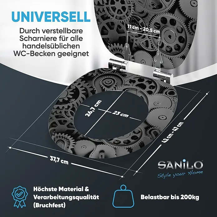 WC-Sitz mit Absenkautomatik Gears -  - Dunkelgrauer Toilettensitz mit Zahnradmuster, verstellbaren Chromscharnieren, universeller Passform und 200kg Traglast. Maße zur universellen Kompatibilität angezeigt.