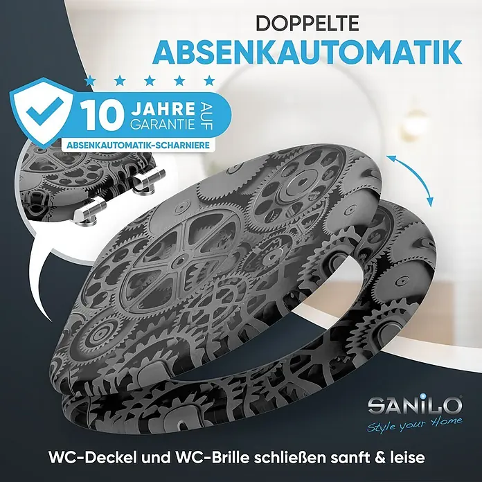 WC-Sitz mit Absenkautomatik Gears -  - Dunkelgrauer WC-Sitz mit Zahnradmuster und doppelter Absenkautomatik für Deckel und Brille.