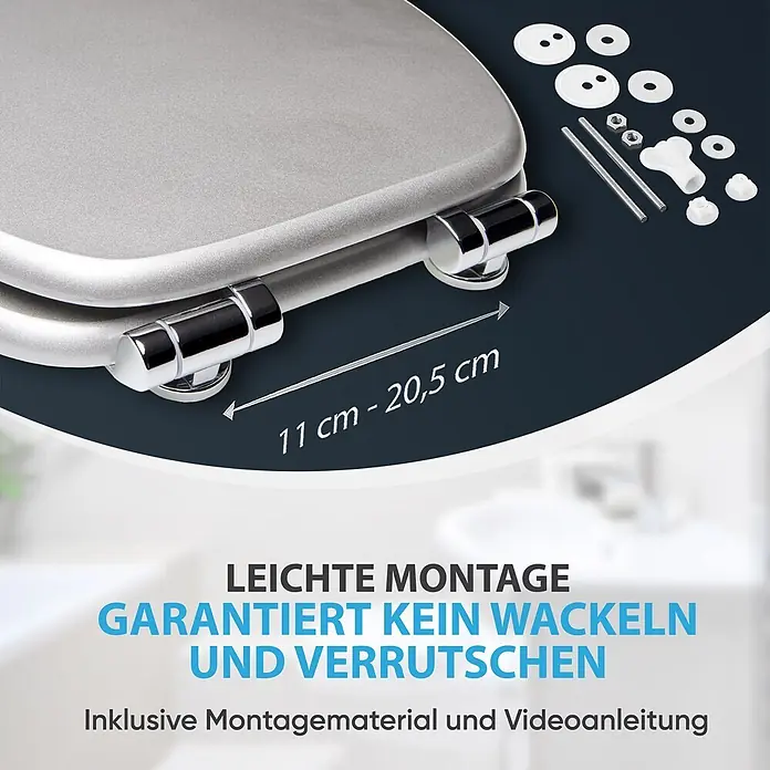 WC-Sitz Absenkautomatik Glitzer Silber -  - Silberner Toilettensitz mit Chromscharnieren und Montagematerial, zeigt verstellbaren Scharnierabstand von 11-20,5 cm für stabile Installation.
