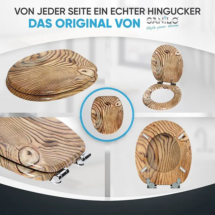 WC-Sitz mit Absenkautomatik Grain -  - Toilettensitz mit Holzmaserung, geschlossen, offen und von unten gezeigt, betont einzigartige Wellenmusterung und glanzvolle Oberfläche.