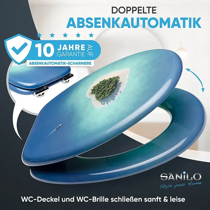 WC-Sitz mit Absenkautomatik Dream Island -  - Ein WC-Sitz mit blau-grünem Farbverlauf und Tropeninsel-Design, ausgestattet mit Absenkautomatik für Deckel und Brille.