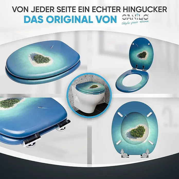 WC-Sitz mit Absenkautomatik Dream Island -  - WC-Sitz mit herzförmigem tropischen Inseldesign auf klarem blauem Wasser.