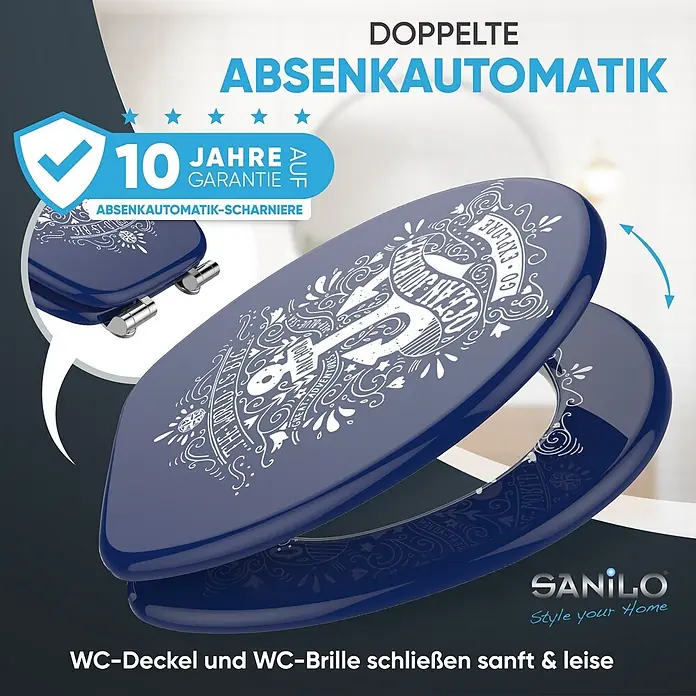 WC-Sitz mit Absenkautomatik Anker -  - Dunkelblauer WC-Sitz mit weißen Mustern und doppelter Absenkautomatik für leises Schließen.