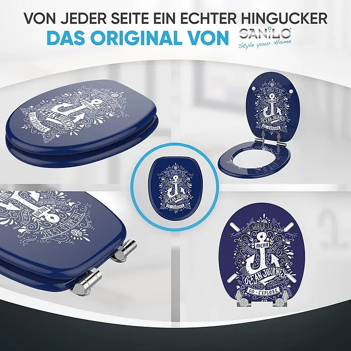 WC-Sitz mit Absenkautomatik Anker -  - Dunkelblauer Toilettensitz mit weißem "Ocean Journey" Anker-Design, aus verschiedenen Blickwinkeln gezeigt.
