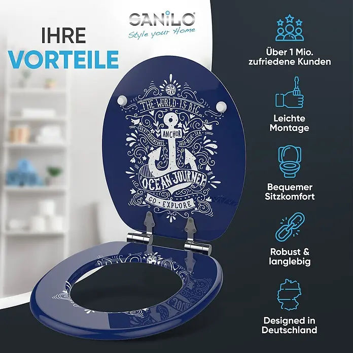 WC-Sitz mit Absenkautomatik Anker -  - Dunkelblauer Toilettensitz mit weißem nautischem Anker-Design und Text. Die offene Brille zeigt die Innenseite.