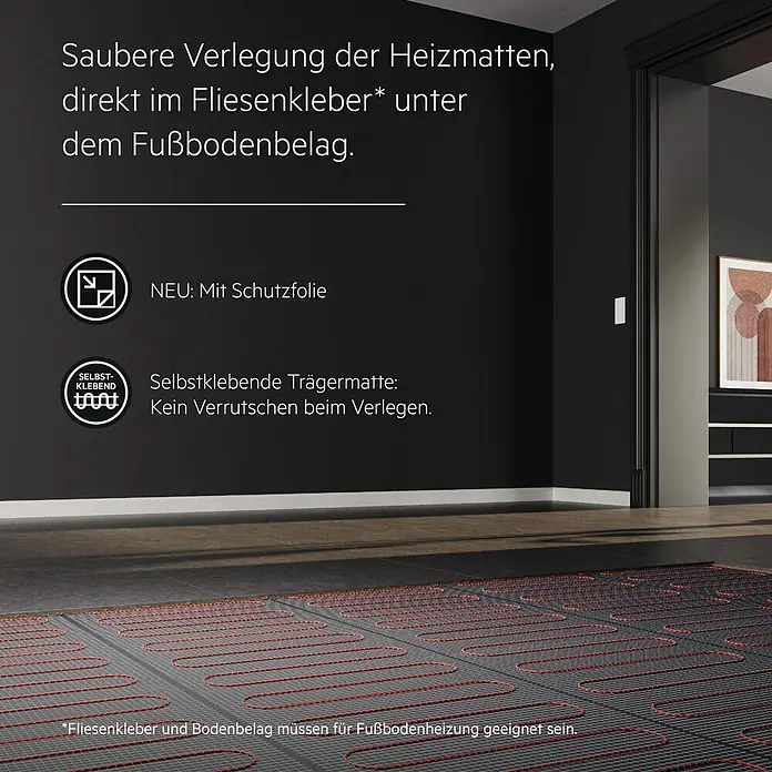 AEG Fußbodenheizung TBS TB 160/4 SET PLUS - 800 x 50 cm, Beheizbare Fläche: 4 m², 640 W - Selbstklebende Fußbodenheizmatten mit roten Kabeln, direkt unter dem Bodenbelag verlegt.