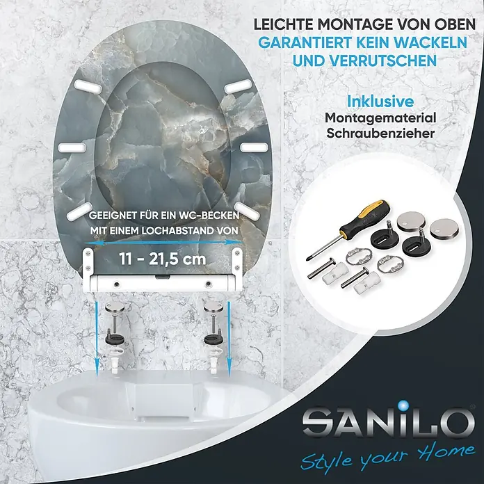 WC-Sitz mit Absenkautomatik & Top Fix Marmor Italia -  - WC-Sitz mit blau-grauem Onyx-Muster, gezeigt mit Top-Montage, verstellbarem Lochabstand (11-21,5 cm) und inklusive Befestigungsmaterial/Schraubendreher.