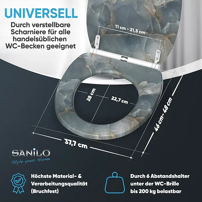 WC-Sitz mit Absenkautomatik & Top Fix Marmor Italia -  - Graue Marmoroptik WC-Brille mit Maßen, verstellbaren Scharnieren und 200 kg Belastbarkeit.