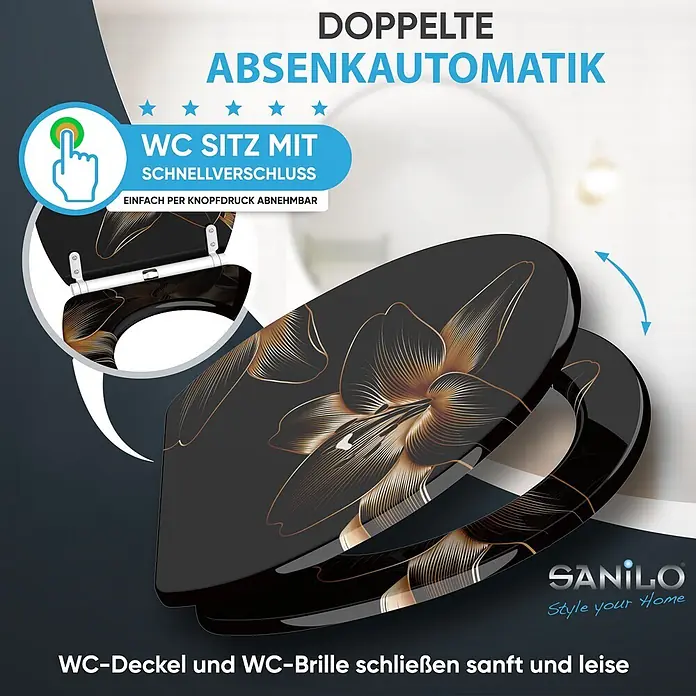 WC-Sitz mit Absenkautomatik & Top Fix Aurelia -  - Schwarzer WC-Sitz mit goldenem Blumenmuster, doppelter Absenkautomatik und Schnellverschluss zum einfachen Abnehmen.
