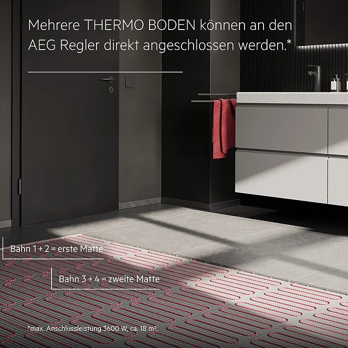 AEG Fußbodenheizung TBS TC 200/2 SET PLUS - 670 x 30 cm, Beheizbare Fläche: 2 m², 400 W - Rote AEG Fußbodenheizungsmatten, die den Anschluss mehrerer Matten zeigen.