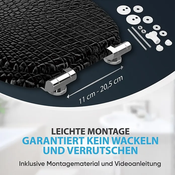 WC Sitz mit Absenkautomatik Leder -  - Schwarzer Toilettensitz mit Krokodilleder-Optik, verstellbaren Chromscharnieren und Befestigungsmaterial.