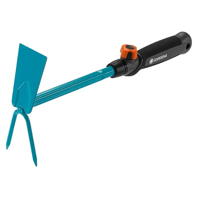 Gardena Combisystem Kleinhacke - Arbeitsbreite: 5 cm, Blattform: Gerade, Anzahl Zinken: 2 - Abbildung einer blauen Gardena-Hacke mit schwarzem Griff und orangefarbenem Knopf. Ideal für Gartenarbeiten und zur Bodenbearbeitung.