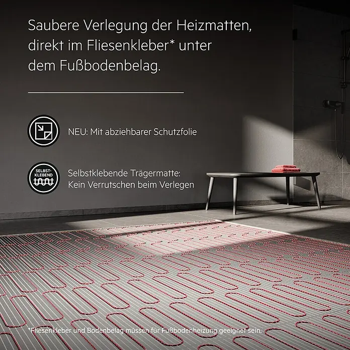AEG Fußbodenheizung TBS TC 200/2 SET PLUS - 670 x 30 cm, Beheizbare Fläche: 2 m², 400 W - Selbstklebende Heizmatte mit abziehbarer Schutzfolie für die saubere Verlegung unter dem Fußbodenbelag.
