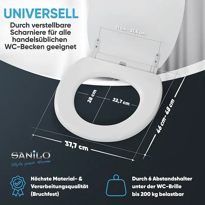 WC-Sitz mit Absenkautomatik & Top Fix Glitzer Weiß -  - Weißer WC-Sitz mit verstellbaren Scharnieren, Maßen, hoher Materialqualität und bis zu 200 kg Belastbarkeit.