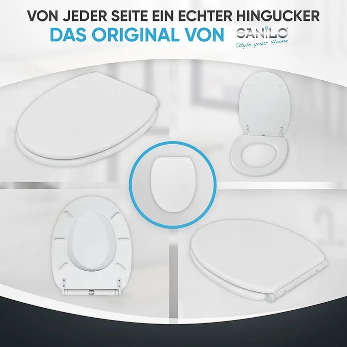WC-Sitz mit Absenkautomatik & Top Fix Glitzer Weiß -  - Weißer Toilettensitz aus verschiedenen Perspektiven, der sein Design hervorhebt.