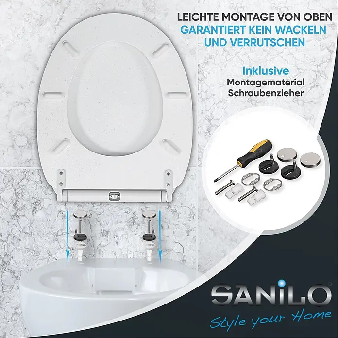 WC-Sitz mit Absenkautomatik & Top Fix Glitzer Weiß -  - Weißer gesprenkelter WC-Sitz mit Top-Montage, Montagematerial und Schraubenzieher für einfache Installation.